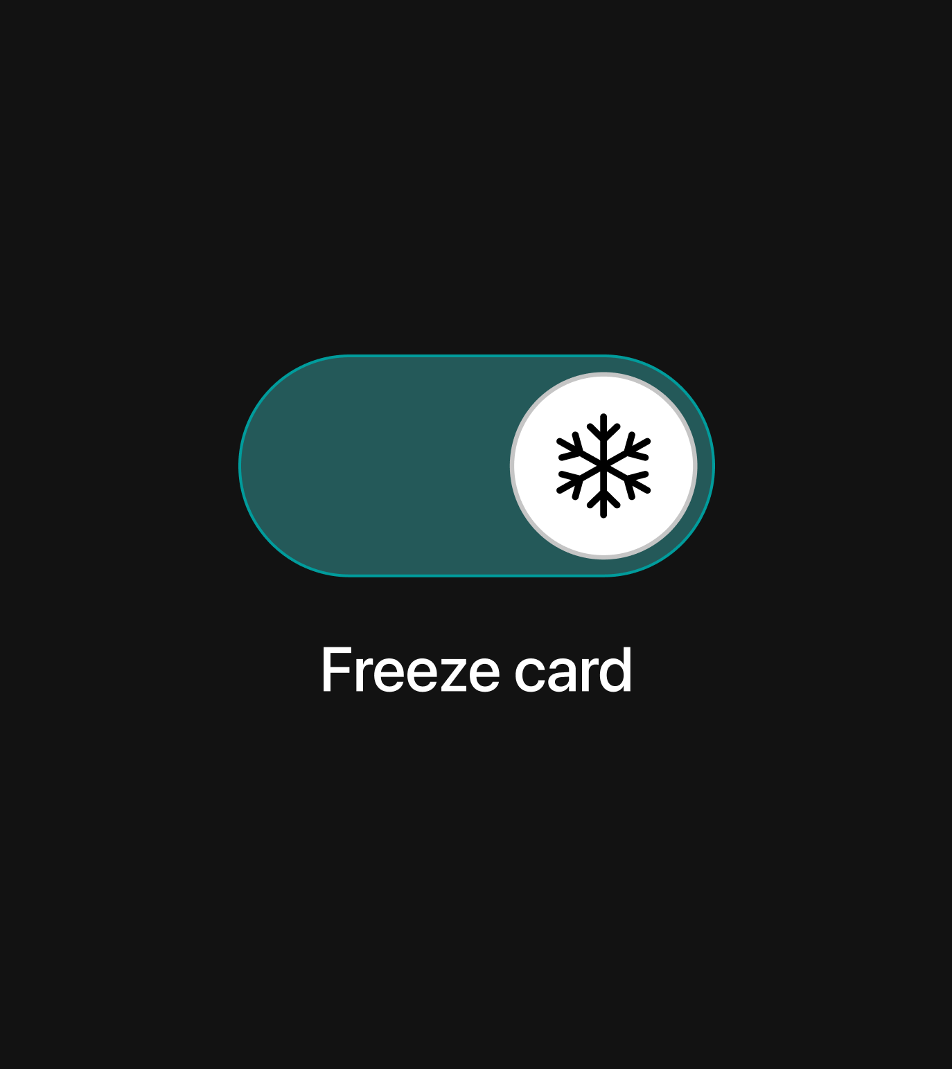 Freeze card toggle switch with a snowflake icon on a dark app UI.
