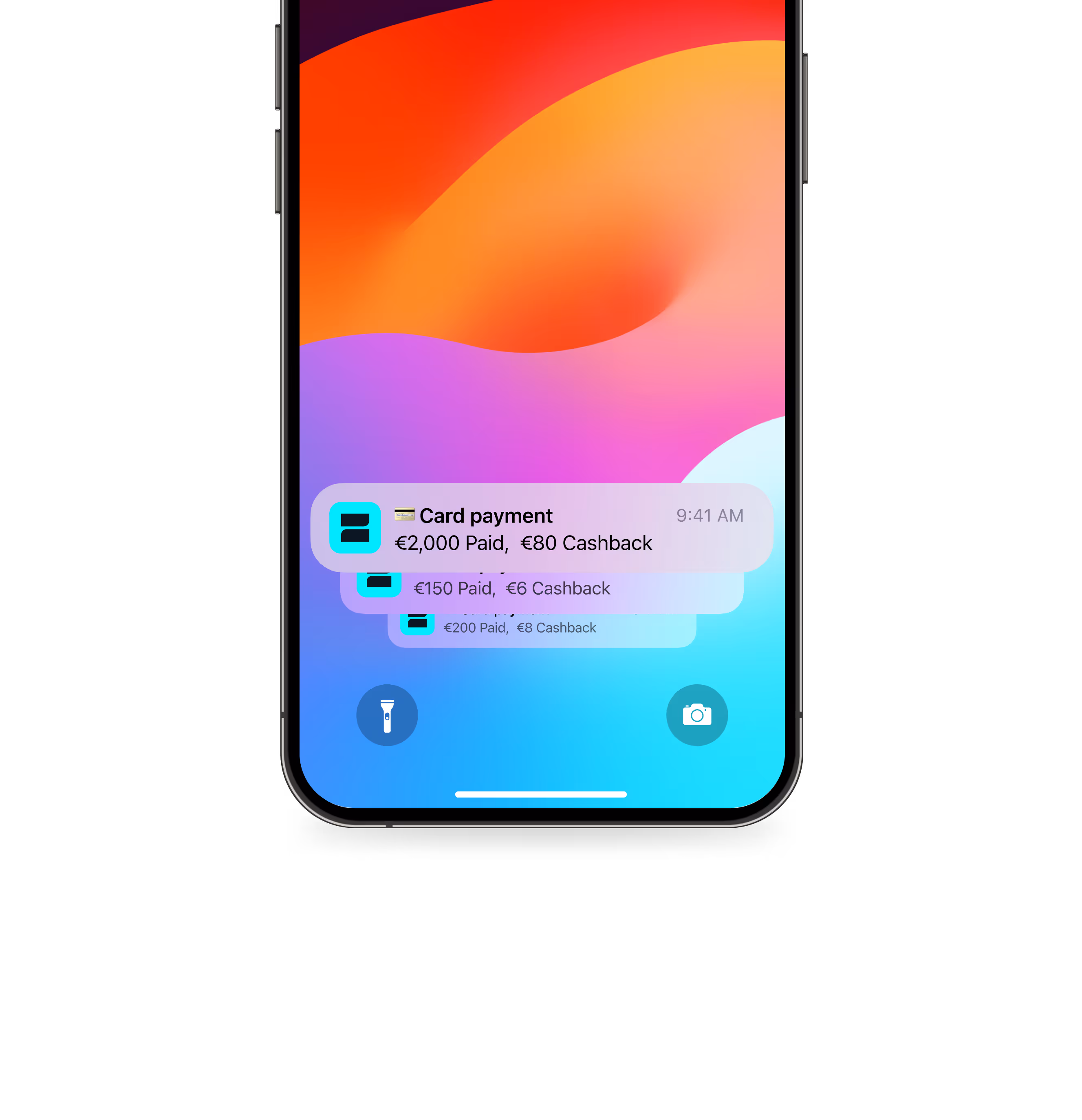 Screenshot of a smartphone receiving push notifications for card payments, displaying amount spent and cashback